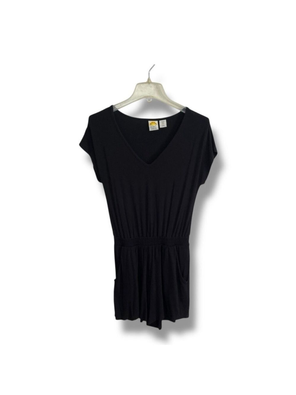 C&C California Black V Neck Romper Size XS Elastic Waist Pockets Stretch